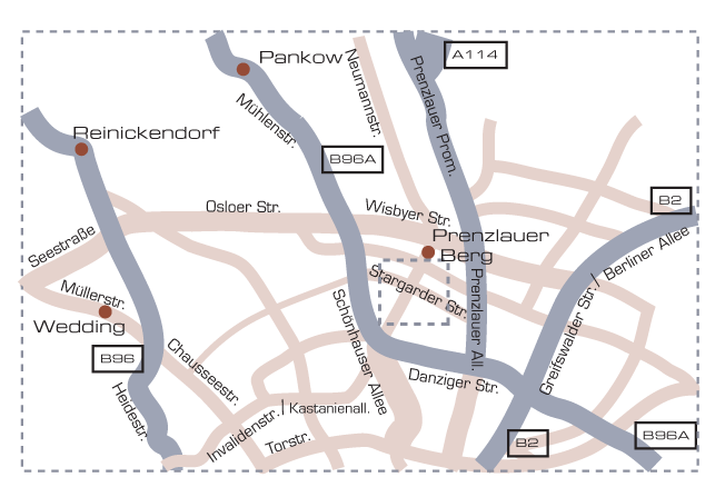 Detailansicht der Anfahrtskarte zum Berliner Büro, Karte 2 Bundesstraßen