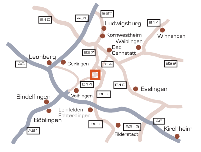 Detailansicht der Anfahrtskarte zum Stuttgarter Büro , Karte 1 Autobahnanschluß