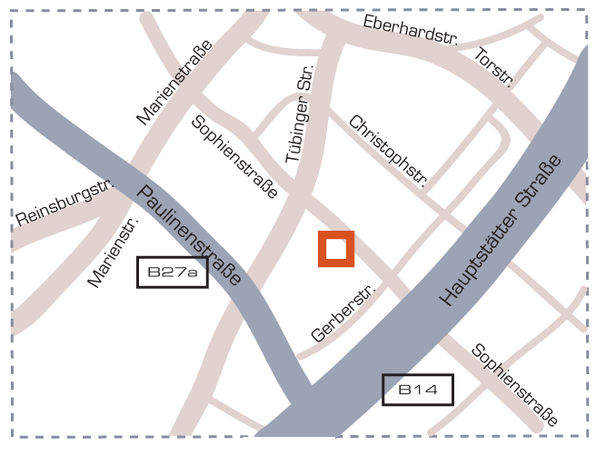 Detailansicht der Anfahrtskarte zum Stuttgarter Büro , Karte 2 Straßenkarte
